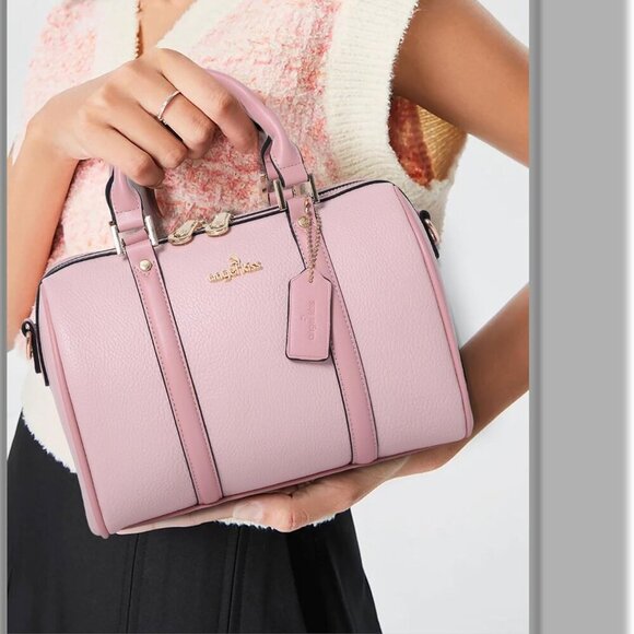 Stylish Compact Satchel Bag with Adjustable Crossbody Strap - Gold Logo Accent - Picture 7 of 9